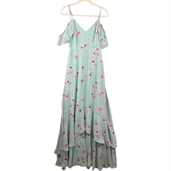 Lulus Maxi Dress XS Mint Green Floral Print Off Shoulder Take You There - Picture 2 of 14